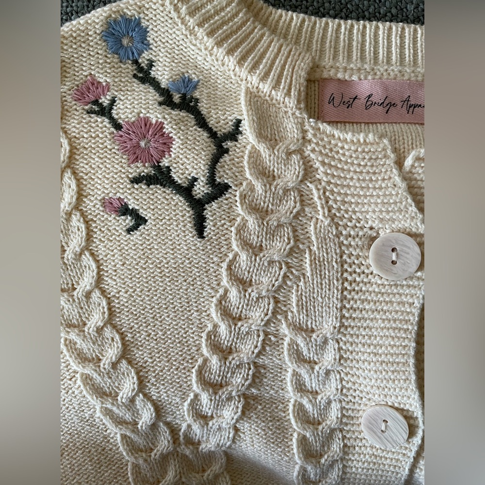 Cream Cable Knit Cardigan with Floral Embroidery - Picture 3 of 4
